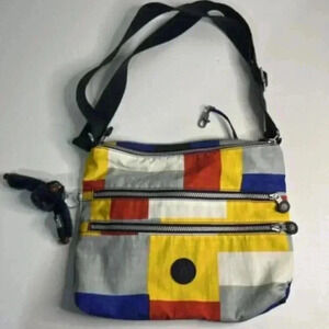 Kipling Crossbody Shoulder Bag Multicolor Square Print Monkey Red Yellow Blue
